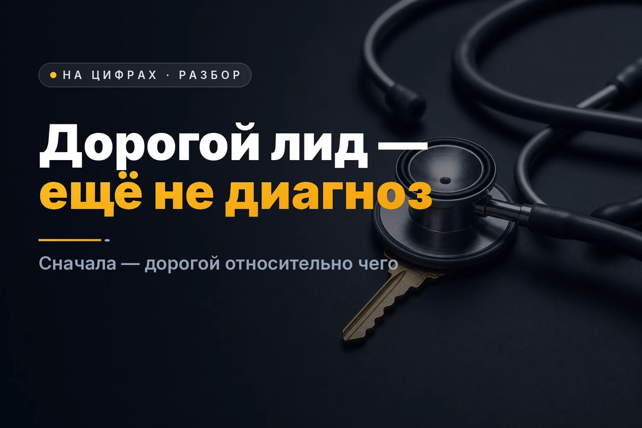 Золотой ключ-лид на тёмном столе под чашечкой стетоскопа, будто на осмотре у врача — заголовок «Дорогой лид — ещё не диагноз», сначала разбираемся, дорогой относительно чего